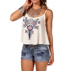 RAGA Aztec Boho Crinkle Multi Colored Embroidered Spaghetti Strap Cami Anthro M